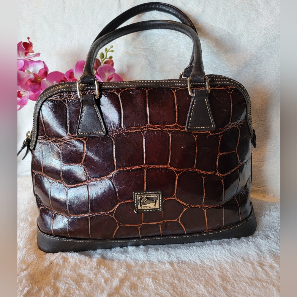 Dooney & Bourke Cognac Brown Croco Embossed Leather Domed Satchel
